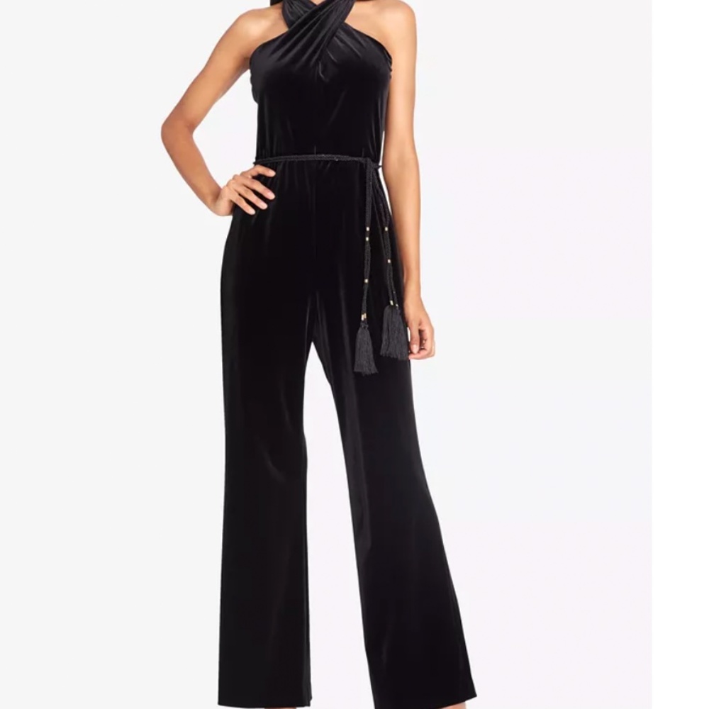 Tahari ASL Velvet Crisscross Tassel Jumpsuit